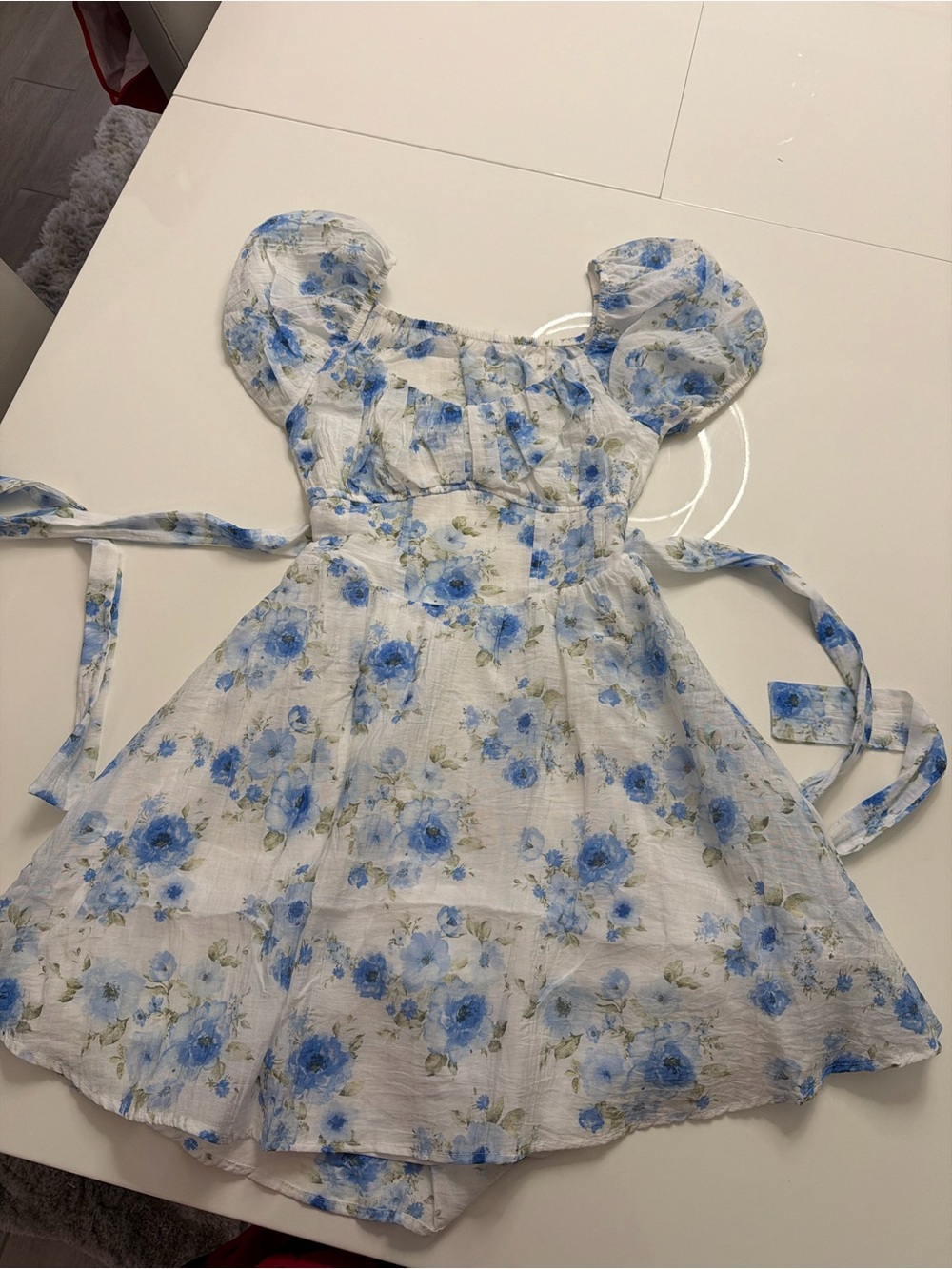 Girls' Blue Floral Puff-Sleeve Dress. Size S